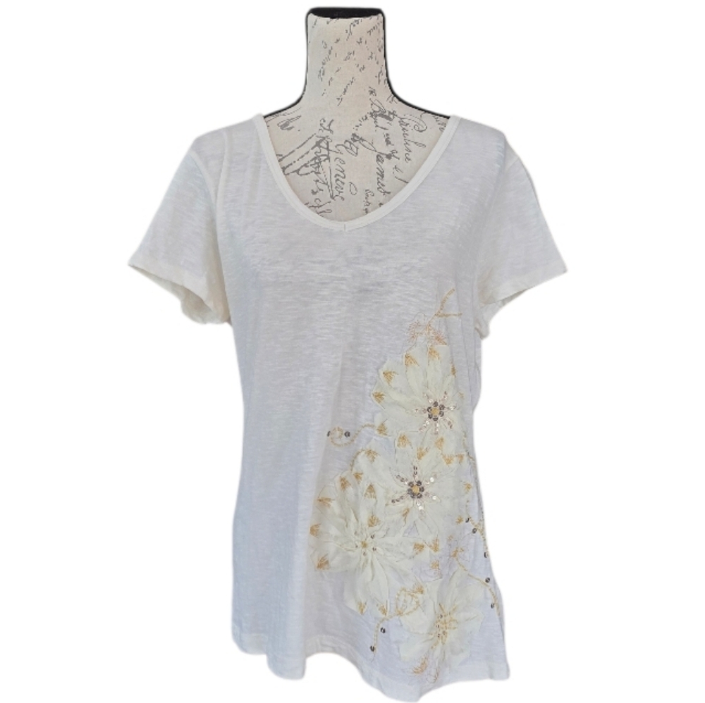 Coldwater Creek Cream Floral Embellished Short Sleeve Top M
